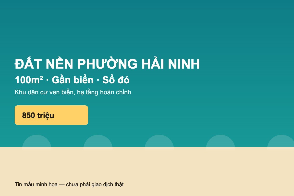 Đất nền Hải Ninh 100m² gần biển, sổ đỏ (tin mẫu minh họa)